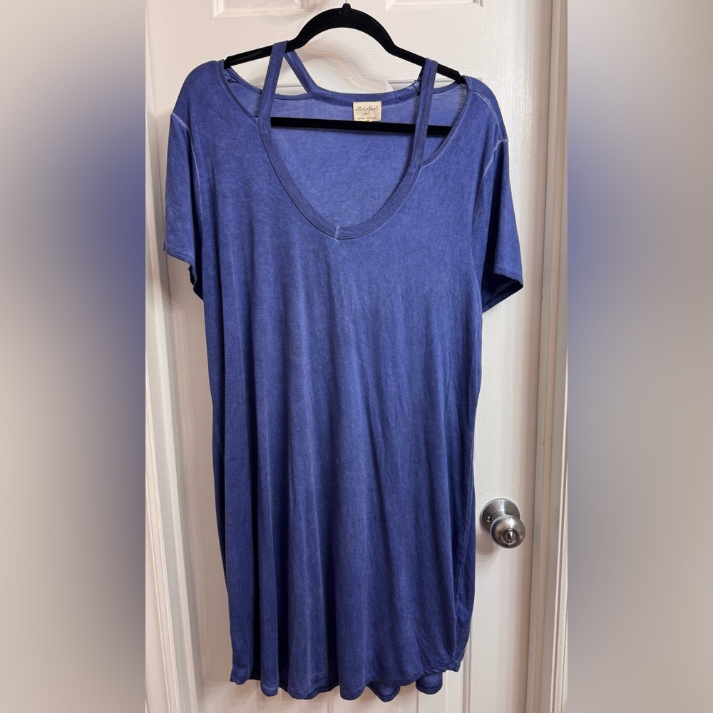 Ultra Flirt Women's Washed Blue Soft Tee Dress with Shoulder Cut-Outs, Size 3X